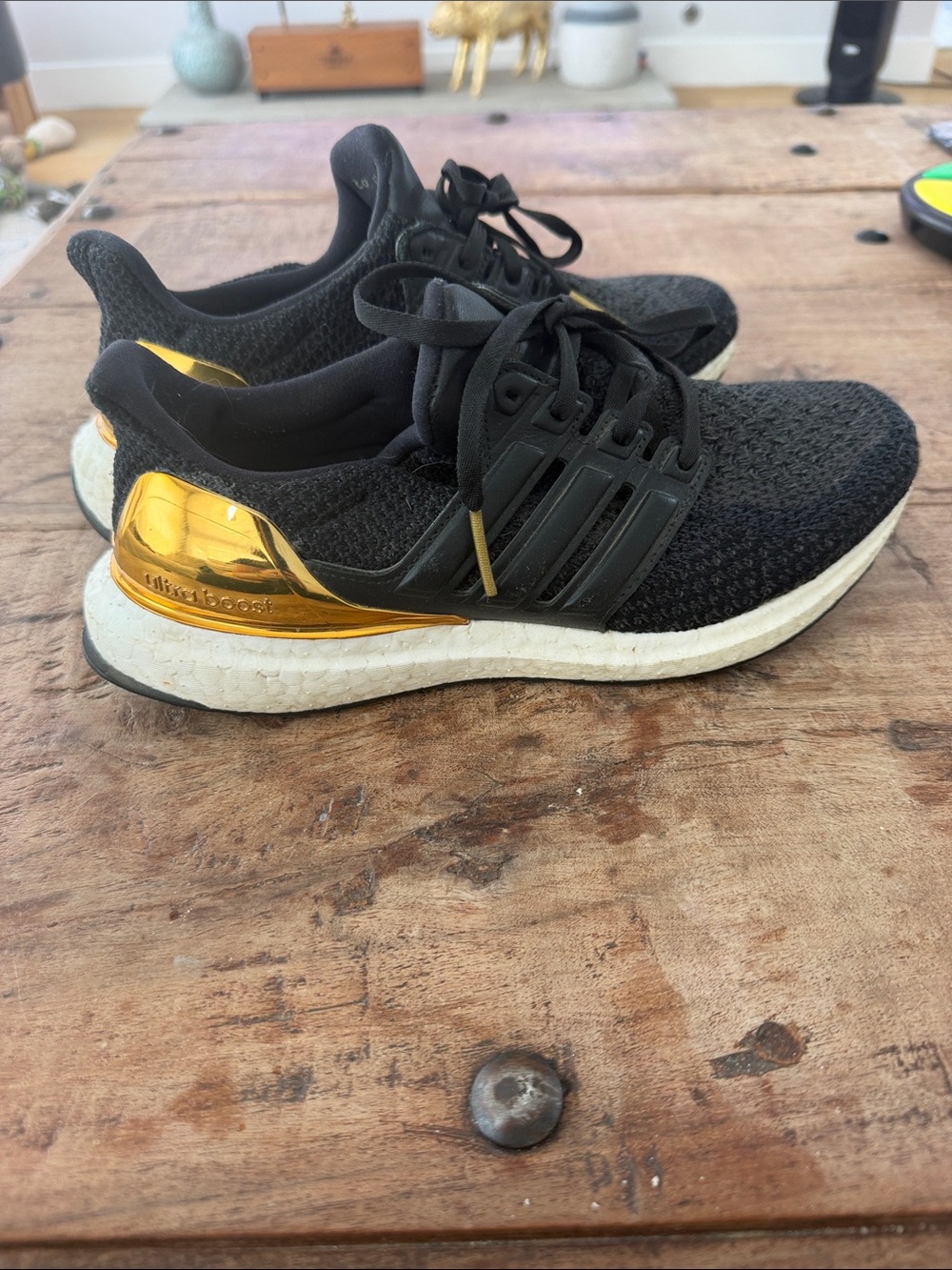 adidas ultraboost Black Knit Sneakers with Gold Heel Accent